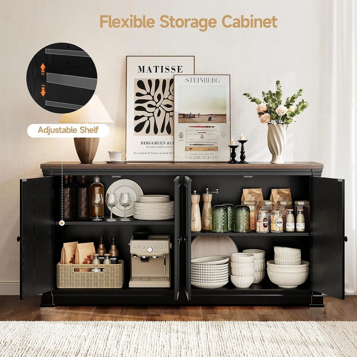 63 Inch Solid Wood Sideboard Buffet Cabinet w/ 4 Barn Doors & Adjustable Shelves, Hidden Storage Coffee Bar for Kitchen Living Room Entryway, Black
