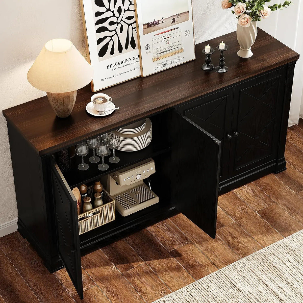 63 Inch Solid Wood Sideboard Buffet Cabinet w/ 4 Barn Doors & Adjustable Shelves, Hidden Storage Coffee Bar for Kitchen Living Room Entryway, Black