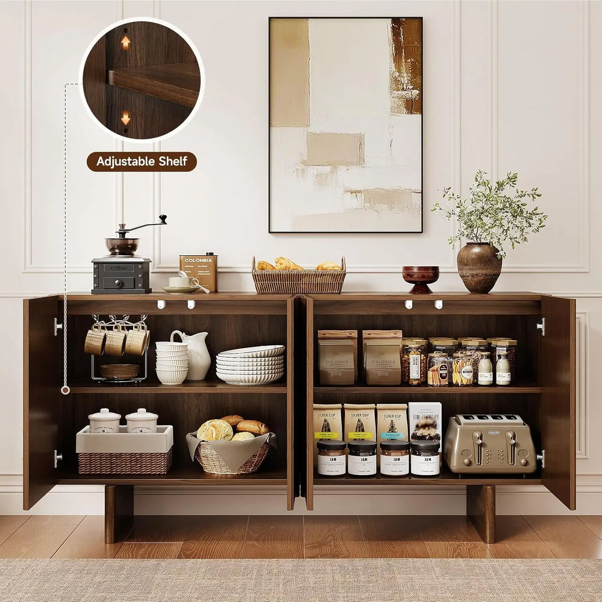 ONBRILL 161cm Fluted Sideboard Cabinet Storage Adjustable Shelves, Mid-Century Modern Buffet Cabinet for Dining Room, Living Room, Walnut