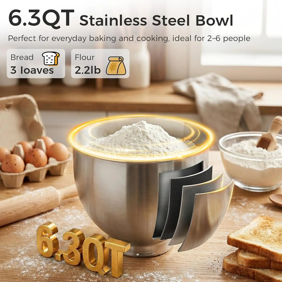 Stand Mixer, 6 Speed Tilt-Head Electric Kitchen Mixer with 6.3QT Bowl