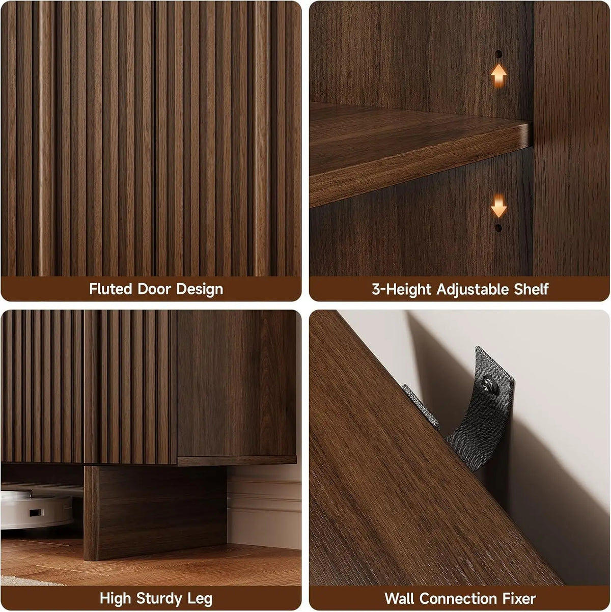 ONBRILL 161cm Fluted Sideboard Cabinet Storage Adjustable Shelves, Mid-Century Modern Buffet Cabinet for Dining Room, Living Room, Walnut