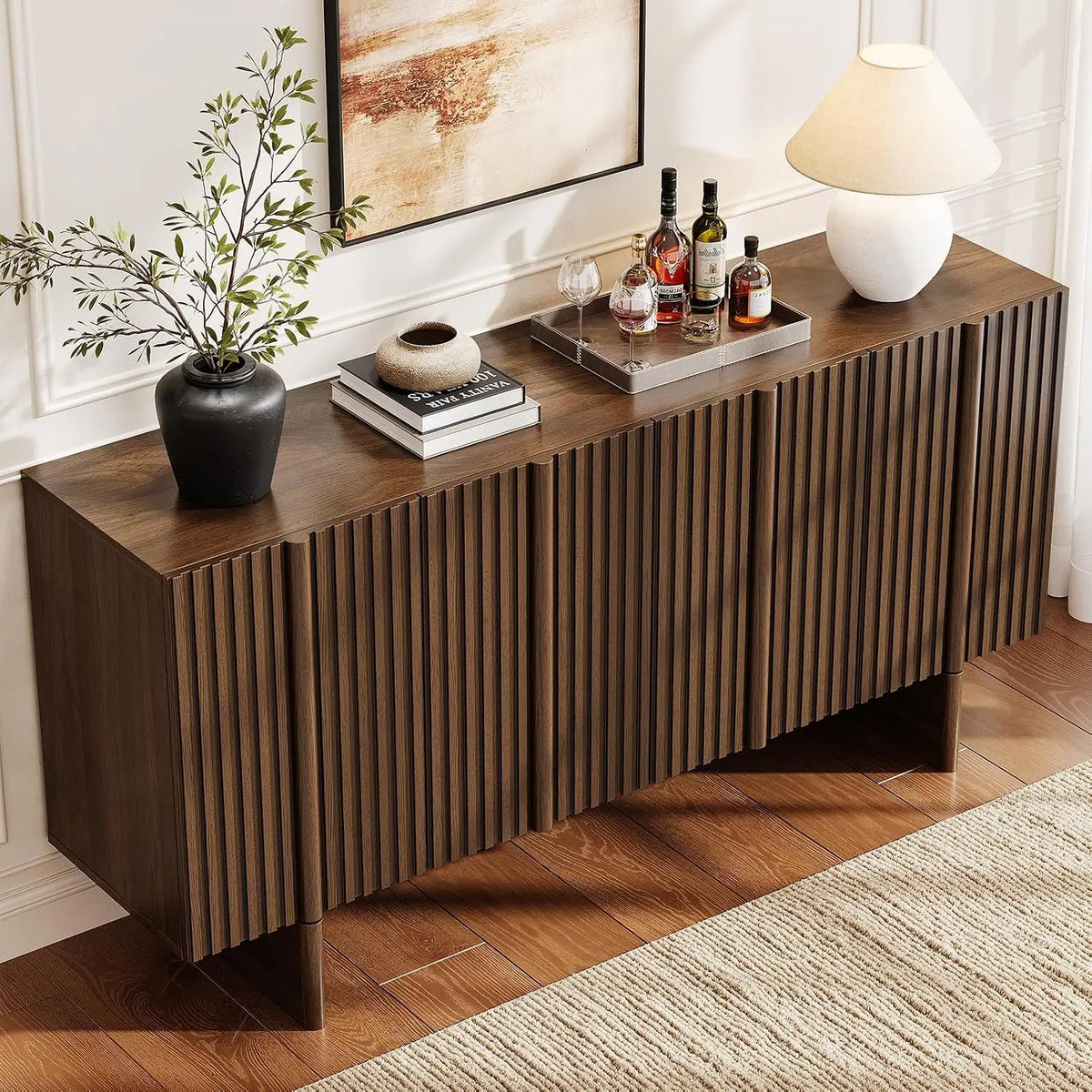ONBRILL 161cm Fluted Sideboard Cabinet Storage Adjustable Shelves, Mid-Century Modern Buffet Cabinet for Dining Room, Living Room, Walnut