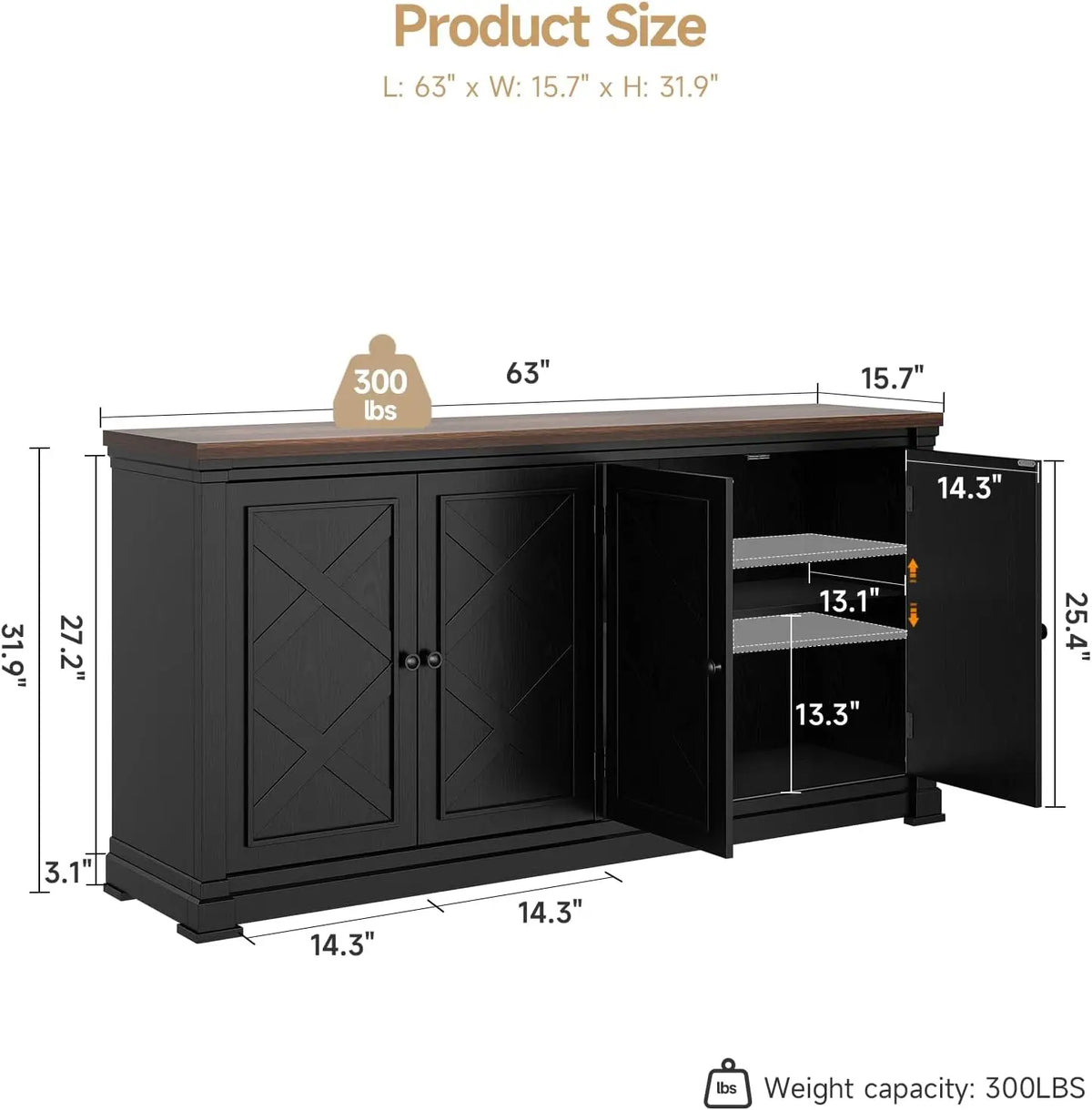 63 Inch Solid Wood Sideboard Buffet Cabinet w/ 4 Barn Doors & Adjustable Shelves, Hidden Storage Coffee Bar for Kitchen Living Room Entryway, Black