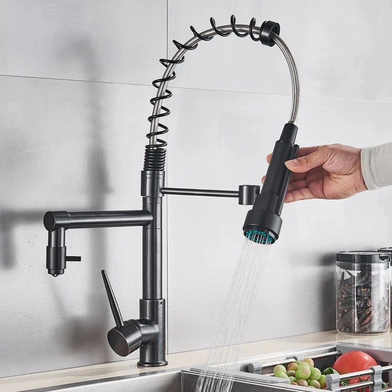 Black Spring Kitchen Faucet Pull Out Side Sprayer Dual Spout 360 Rotation Mixer Tap Sink Faucet Single Handle Kitchen Faucets