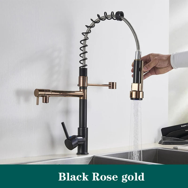 Black Spring Kitchen Faucet Pull Out Side Sprayer Dual Spout 360 Rotation Mixer Tap Sink Faucet Single Handle Kitchen Faucets