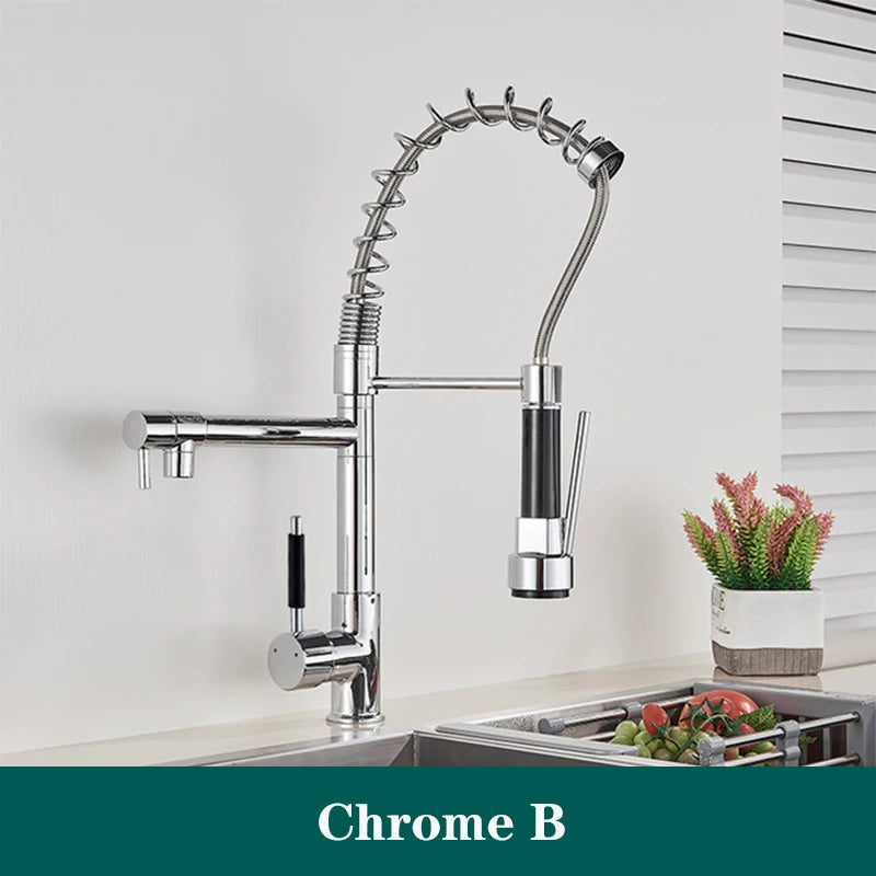 Black Spring Kitchen Faucet Pull Out Side Sprayer Dual Spout 360 Rotation Mixer Tap Sink Faucet Single Handle Kitchen Faucets