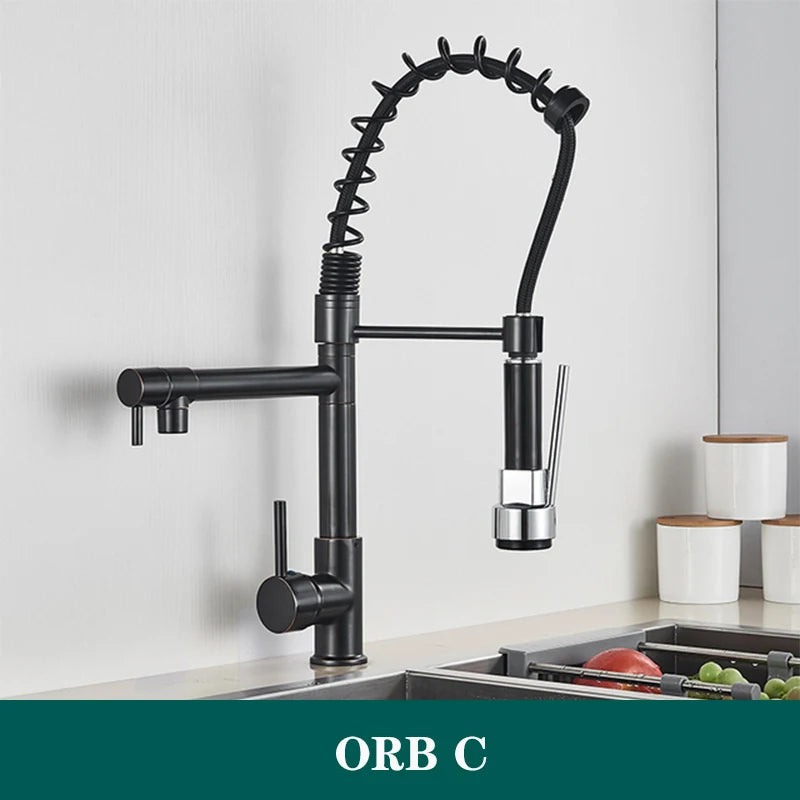 Black Spring Kitchen Faucet Pull Out Side Sprayer Dual Spout 360 Rotation Mixer Tap Sink Faucet Single Handle Kitchen Faucets