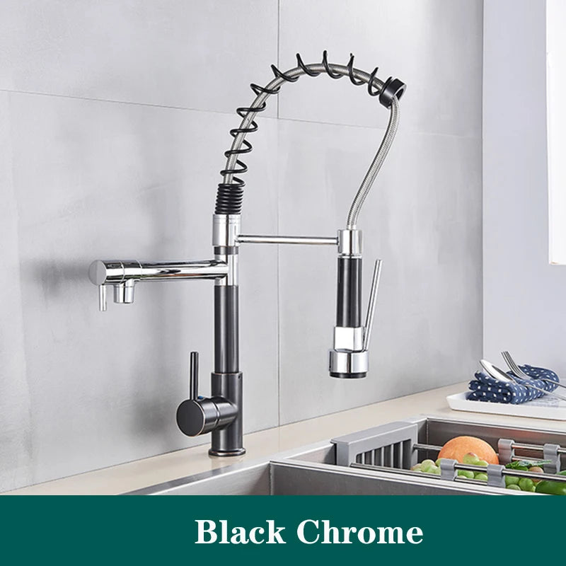 Black Spring Kitchen Faucet Pull Out Side Sprayer Dual Spout 360 Rotation Mixer Tap Sink Faucet Single Handle Kitchen Faucets