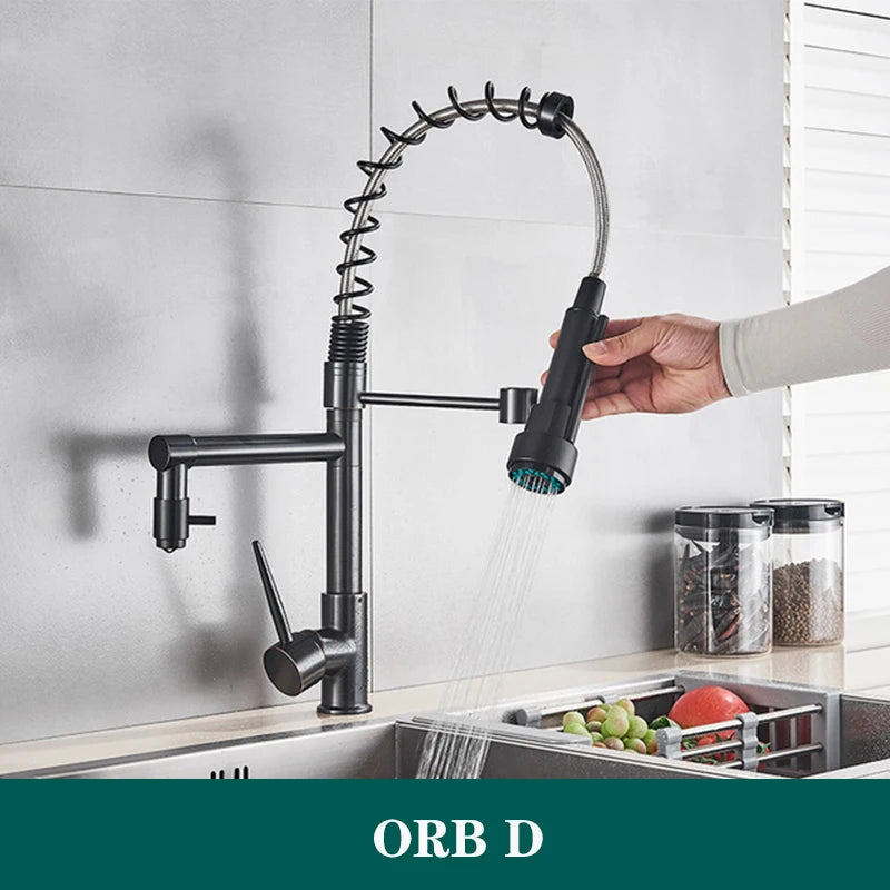 Black Spring Kitchen Faucet Pull Out Side Sprayer Dual Spout 360 Rotation Mixer Tap Sink Faucet Single Handle Kitchen Faucets