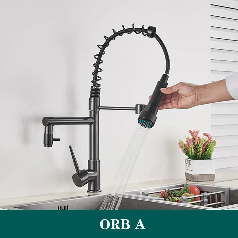 Black Spring Kitchen Faucet Pull Out Side Sprayer Dual Spout 360 Rotation Mixer Tap Sink Faucet Single Handle Kitchen Faucets