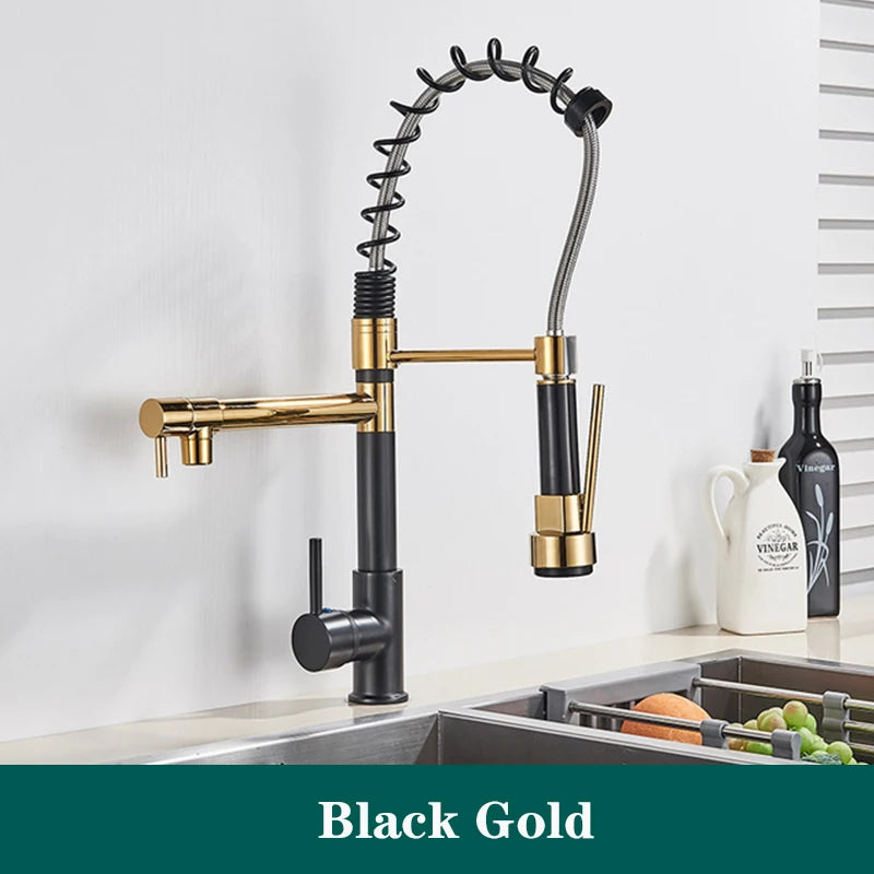 Black Spring Kitchen Faucet Pull Out Side Sprayer Dual Spout 360 Rotation Mixer Tap Sink Faucet Single Handle Kitchen Faucets