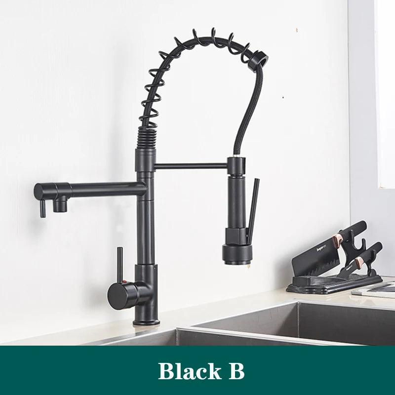 Black Spring Kitchen Faucet Pull Out Side Sprayer Dual Spout 360 Rotation Mixer Tap Sink Faucet Single Handle Kitchen Faucets