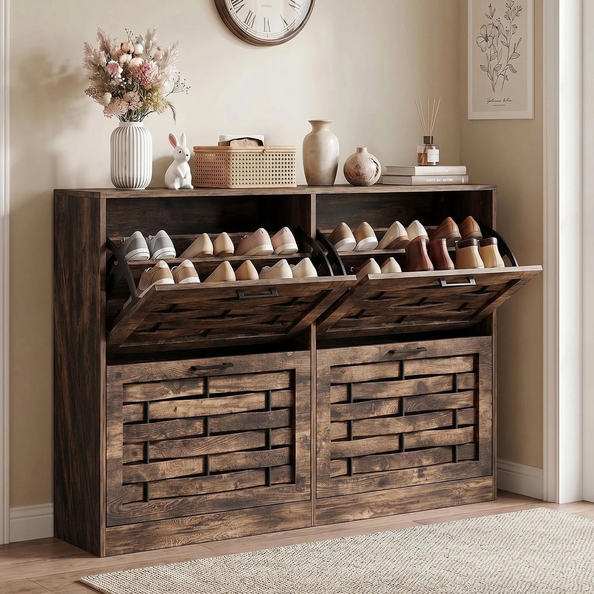 Shoe Cabinet Storage for Entryway with 4 Flip Drawers | Slim Shoe Rack Cabinet with Stylish Handwoven Panel, Farmhouse Shoe Organizer Cabinet for Hallways, Living Rooms Rustic Brown