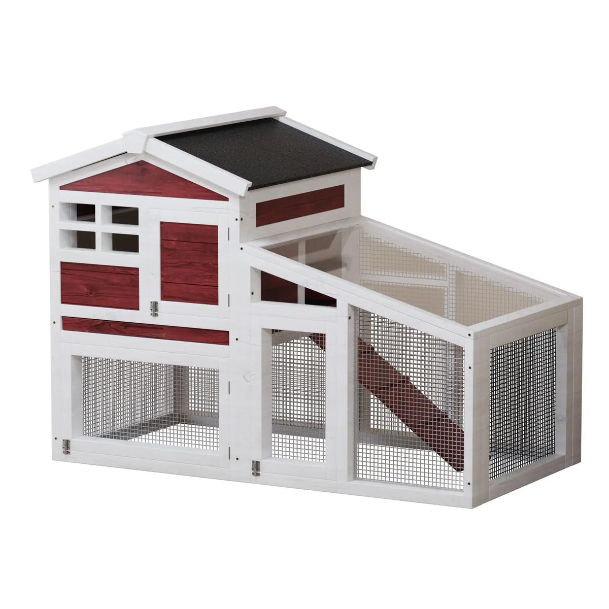 Double Layer Rabbit Hutch – 53.2"l Wooden Bunny Cage with Run, Removable Tray, Weatherproof Asphalt Roof, & Ramp – Indoor/Outdoor Pet House for Rabbits, Guinea Pigs, Chickens