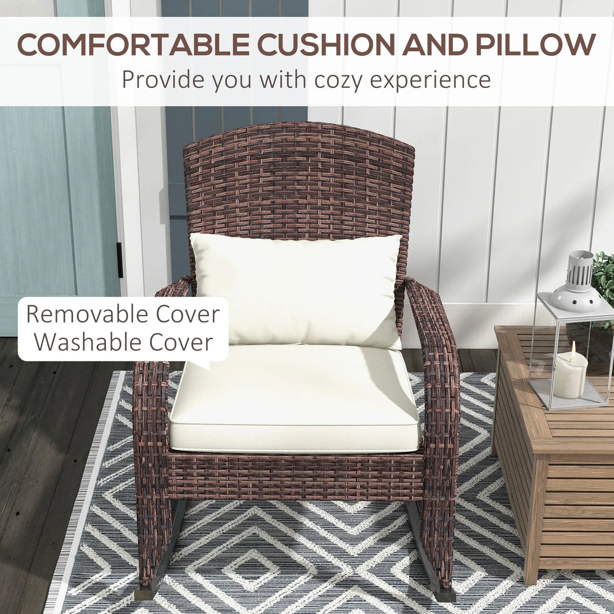 Outsunny Outdoor Wicker Adirondack Rocking Chair with Cushion Cream White