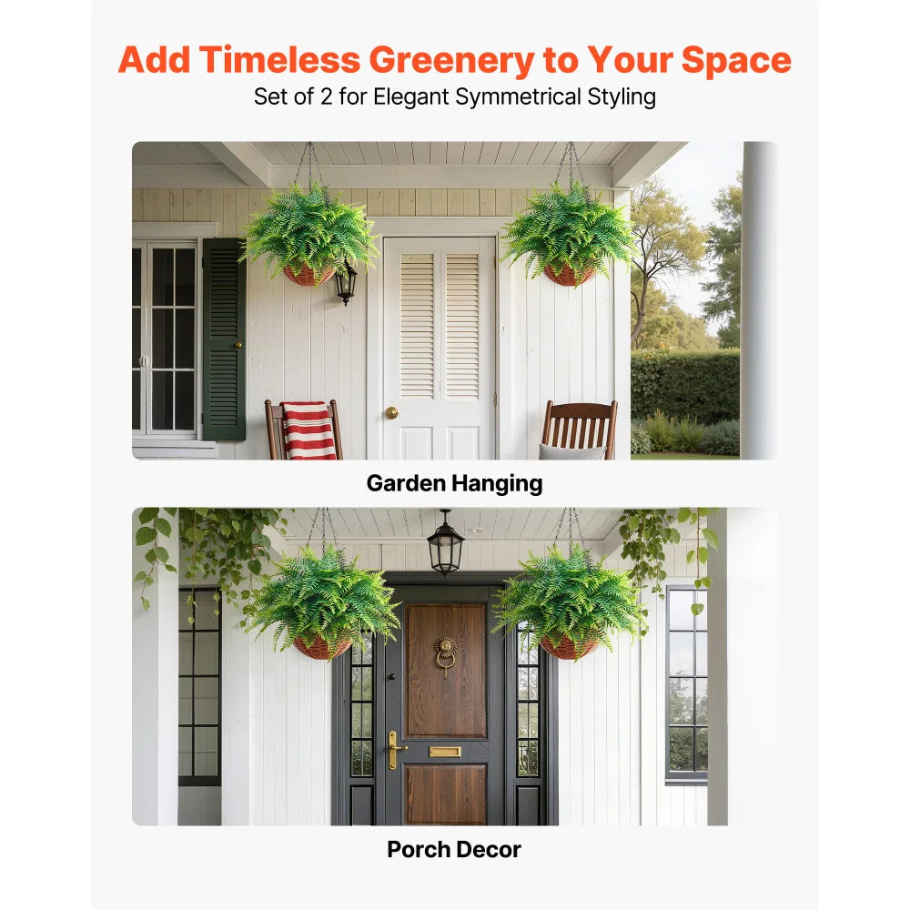 Artificial Ferns, 2 Pcs Fake Hanging Boston Fern Bush Plant with 23 Inch Hanging Length, Plastic Faux Greenery for Indoor and Outdoor Decor, For Wall, Wedding Party, Home, Porch Garden, Office