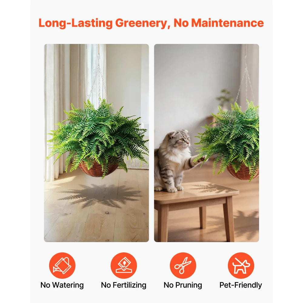 Artificial Ferns, 2 Pcs Fake Hanging Boston Fern Bush Plant with 23 Inch Hanging Length, Plastic Faux Greenery for Indoor and Outdoor Decor, For Wall, Wedding Party, Home, Porch Garden, Office