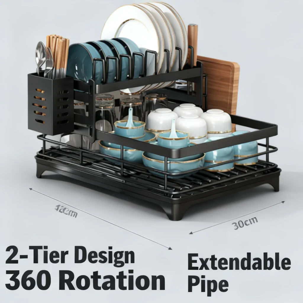 Kitchen Dish Rack 2-Tier Black Rustproof Metal Kitchen Dish Rack for Plates Bowls Cups Drainer Organizer 2026