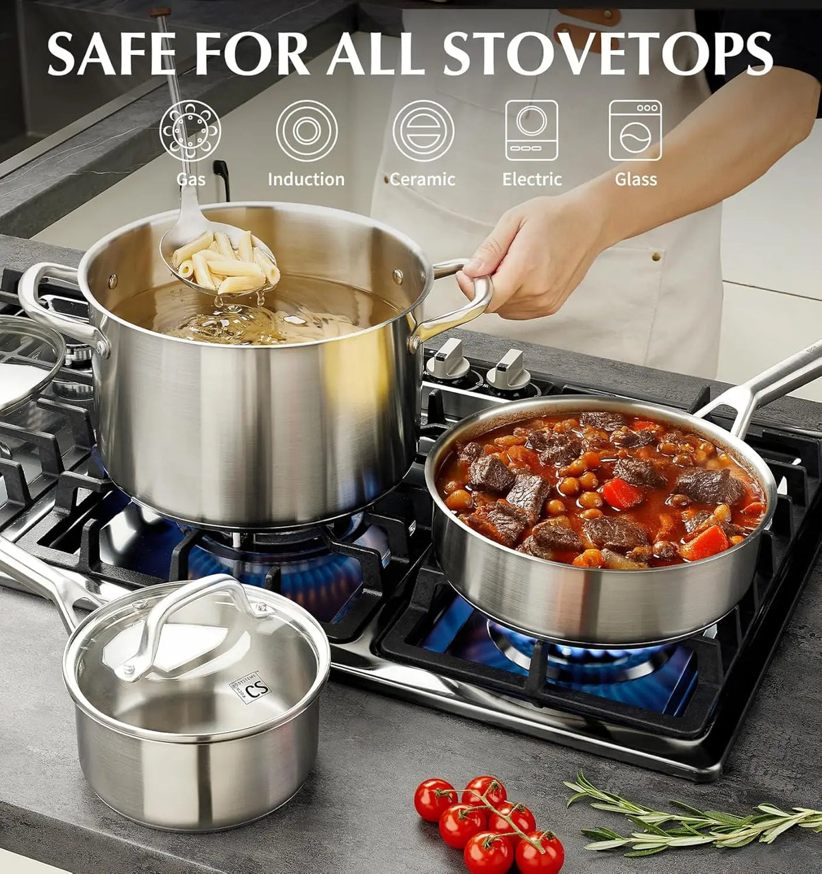 KOCH SYSTEME CS Stainless Steel Cookware Set 17 Piece, Professional 18/10 Stianless Steel Pots and Pans Set, 5-Layer Base, Oven & Induction Safe