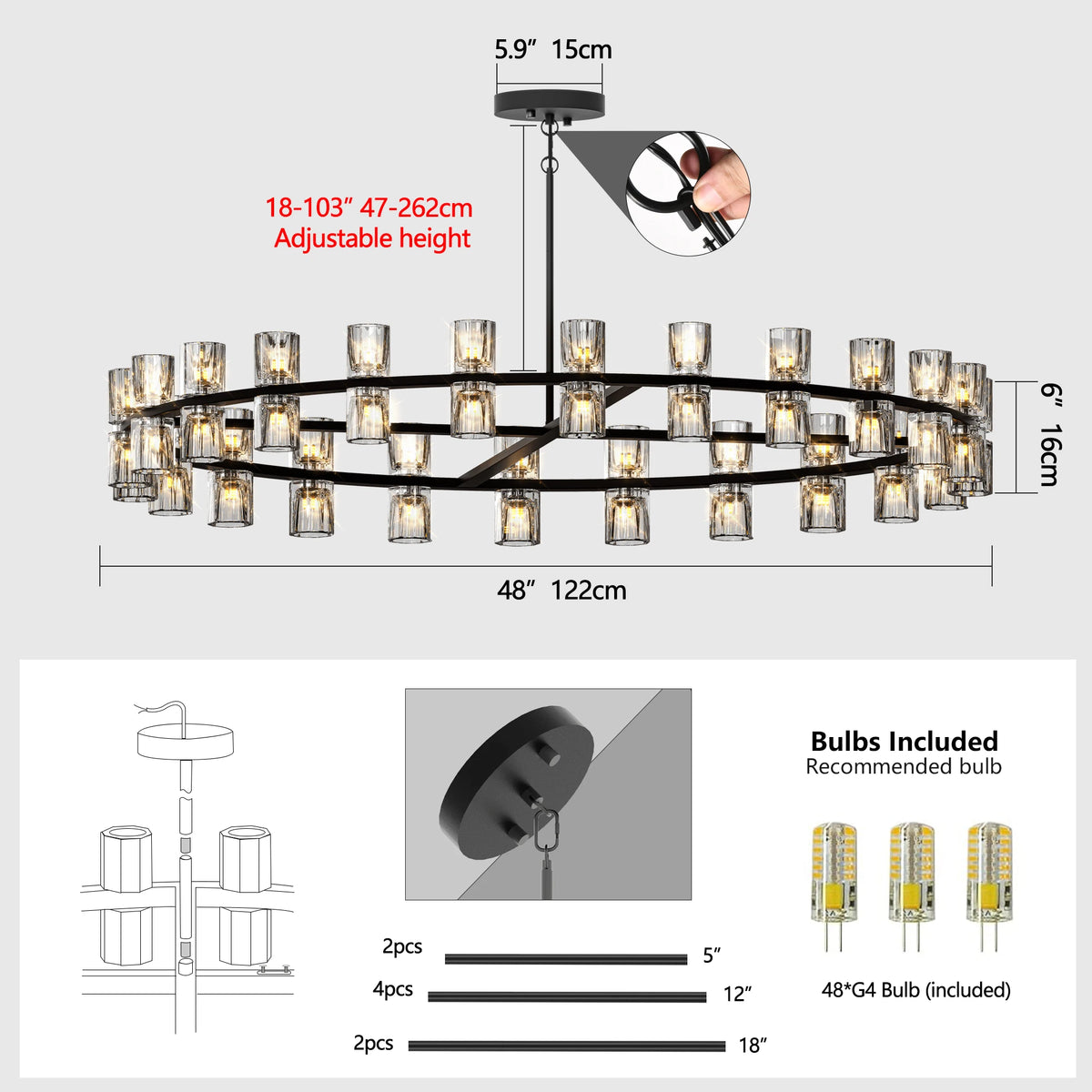 23.6 Inches Luxury Chandeliers Crystal Living Room Bedroom Decorative Lights Simple Modern Dining Room LED Lighting