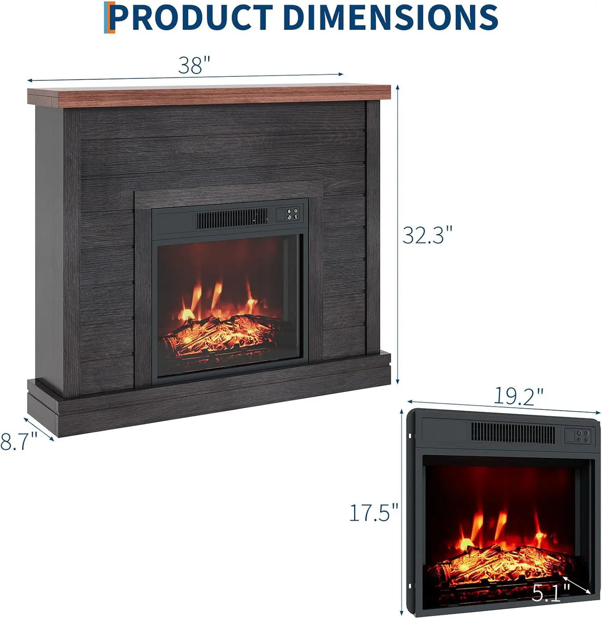 TWISTER.CK 38-Inch Electric Fireplace Mantel with 18-Inch Fireplace Insert, 1500W 120V 60Hz, Black – Freestanding Heater with Mantel