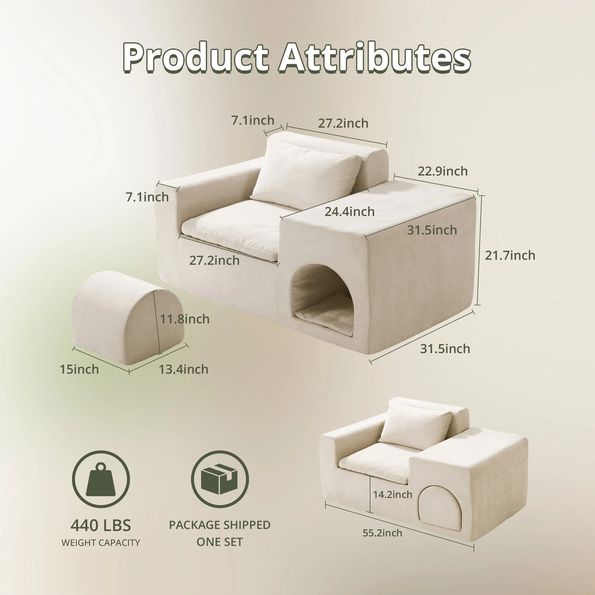 55 Inch Boneless Floor Sofa Chair Beige 4-in-1 Pet-Friendly Human Lounge Seat No Assembly Required Couch for Living Room Bedroom Apartment