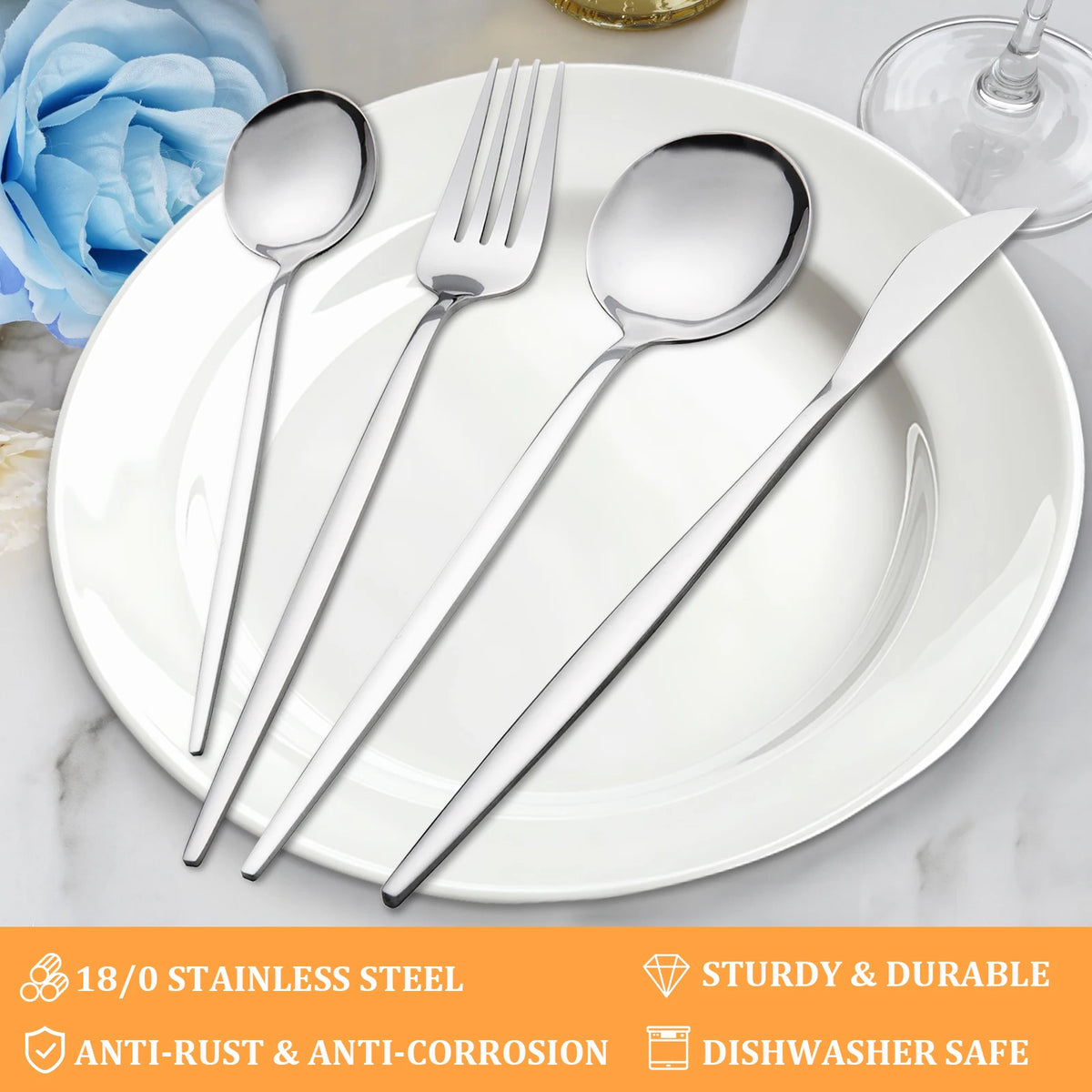 KOOMADE 24Pcs Stainless Steel Cutlery Set, Service for 6, Mirror Polished Salad Forks Knives Spoons, Dishwasher Safe for Home Holiday Gift
