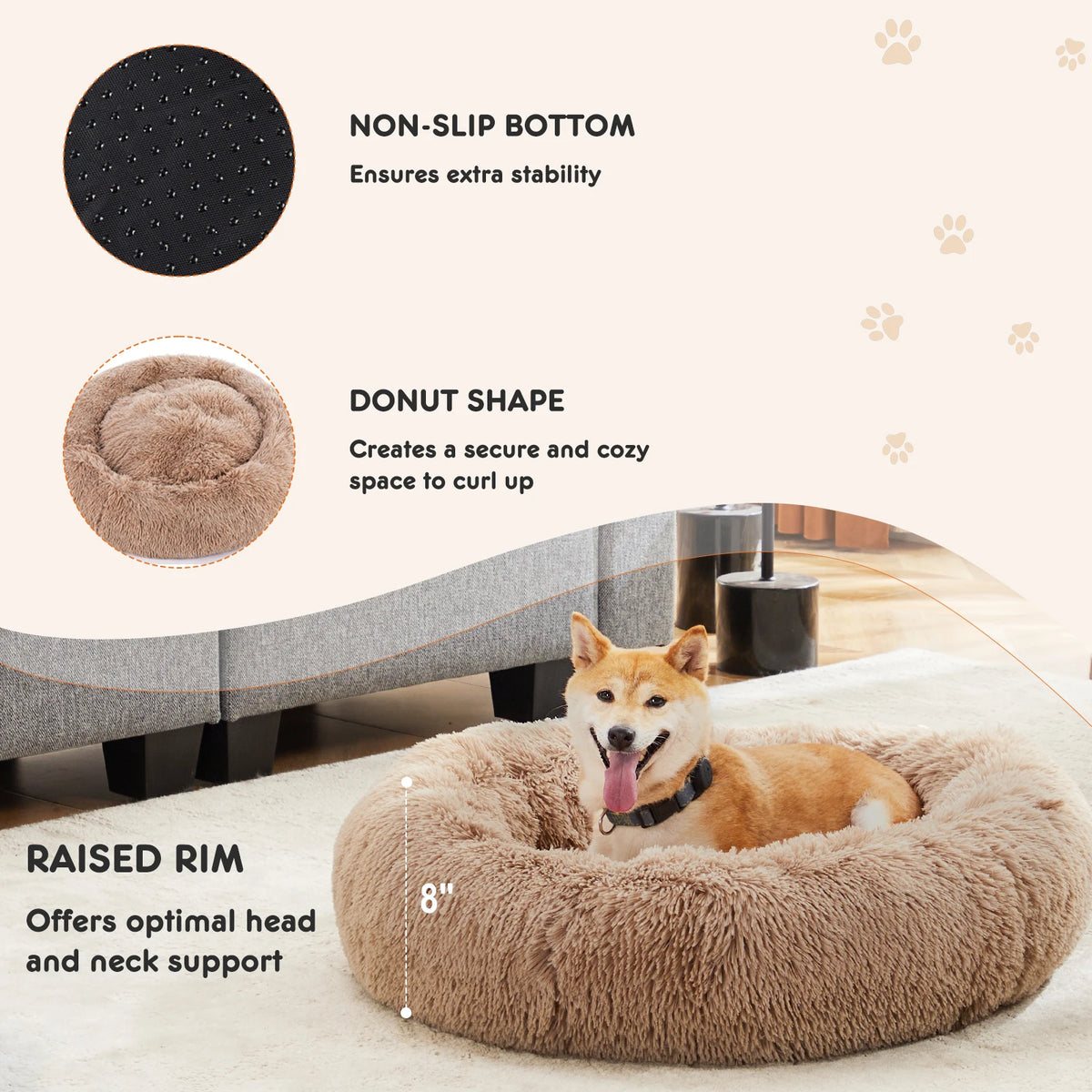 JHK Calming Plush Dog Bed Washable With Non Slip Base