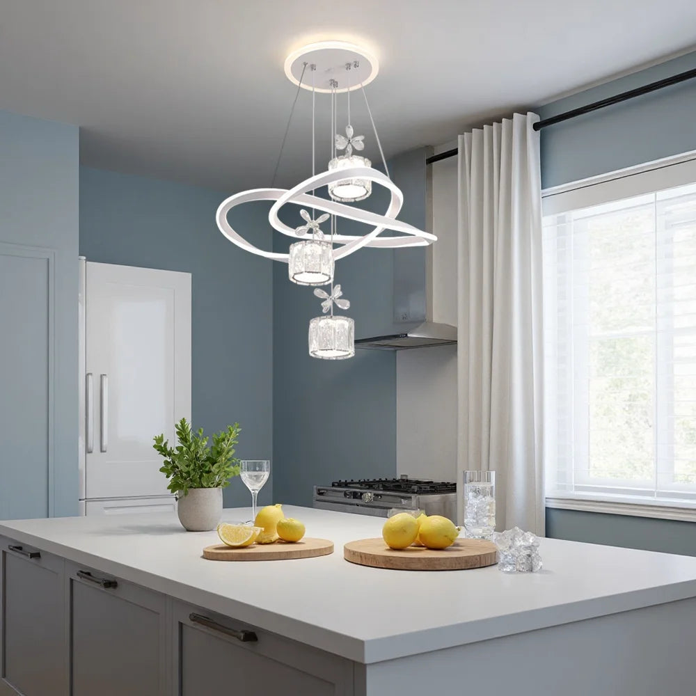 LED Pendant Light with a Crystal Lampshade, Featuring Three Adjustable Light Colors, Adjustable Height, and a Backlit Base; Suitable for Bedrooms, Living Rooms, and Above Dining Tables