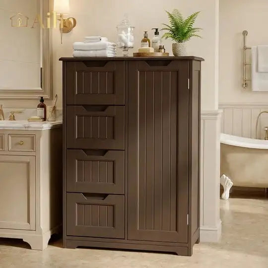 33.5"H Wooden Bathroom Storage Cabinet 4 Drawers with Cupboard and Adjustable Dividers White