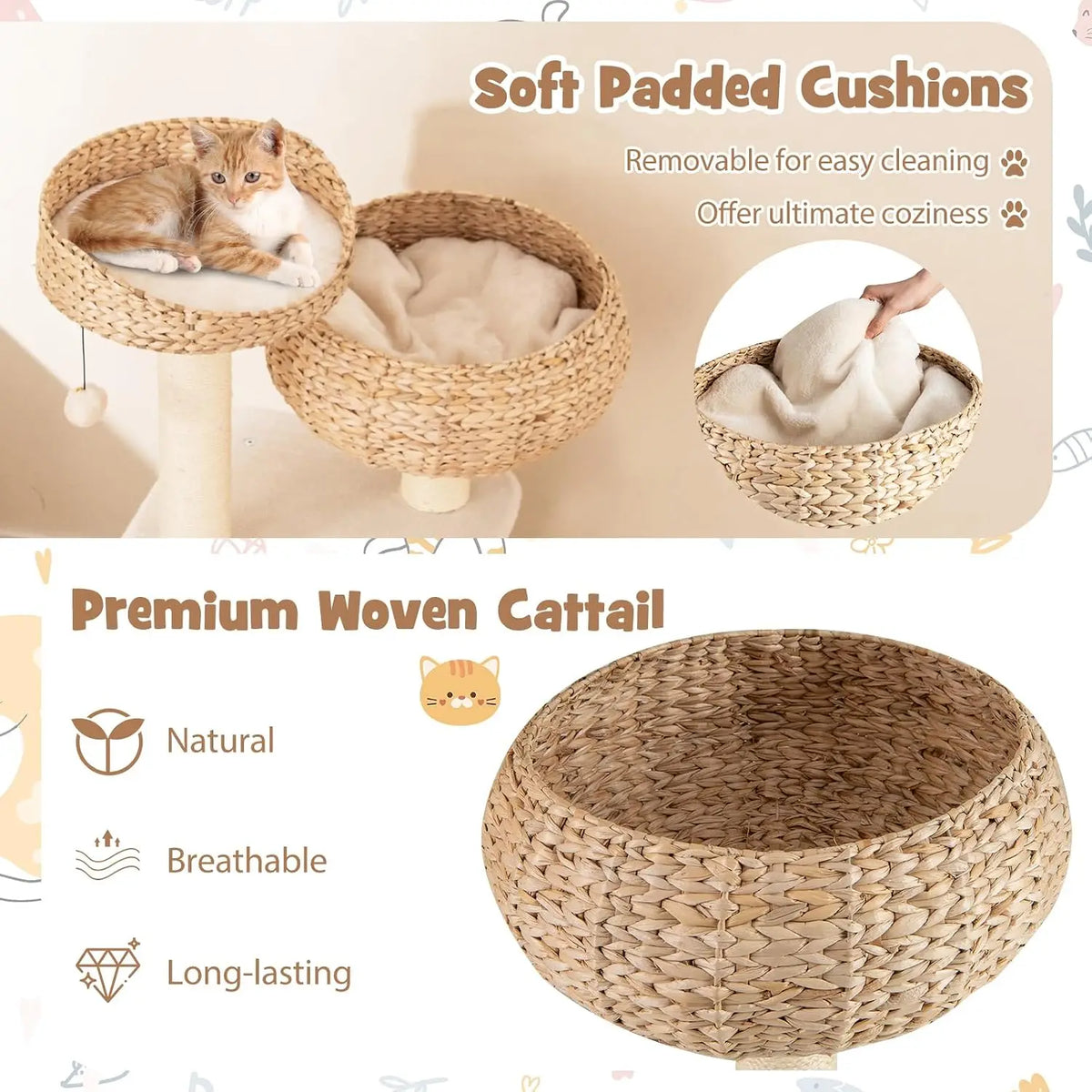 41inch Modern Cat Tree, Tall Cat Tower with Natural Sisal Scratching Post, Hand-Made Wicker Cat Condo & Top Perch, Funny Hanging Toy Ball, Cute Cat Tree Tower for Indoor Cats