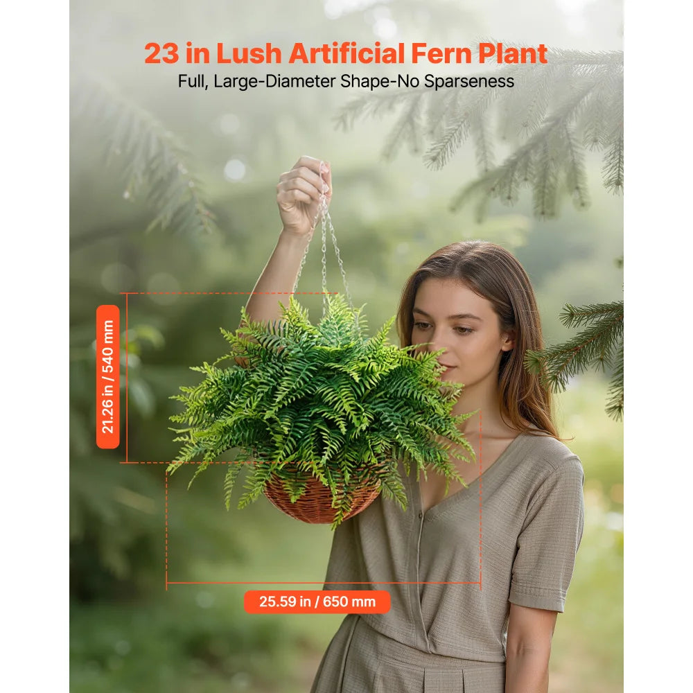 Artificial Ferns, 2 Pcs Fake Hanging Boston Fern Bush Plant with 23 Inch Hanging Length, Plastic Faux Greenery for Indoor and Outdoor Decor, For Wall, Wedding Party, Home, Porch Garden, Office