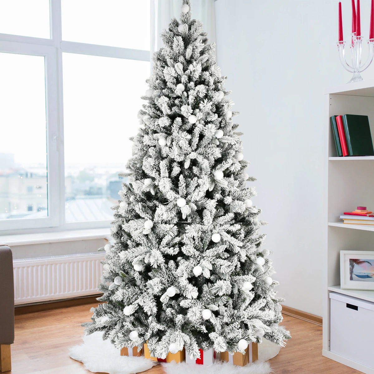 Pre-Lit Flocked Christmas Tree with Colorful LED Lights, 7.5/8ft PE+PVC+Hard Needle Memory Wire Construction, 10 Lighting Modes Foot Switch Hinged Artificial Holiday Tree with Metal Stand, Green/White
