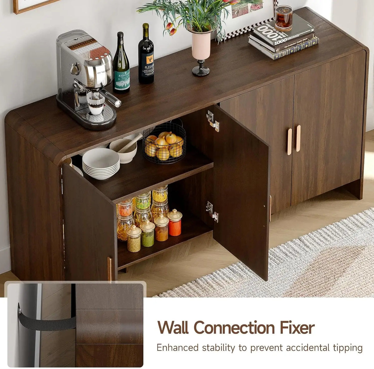 60 Inch Sideboard Cabinet with Adjustable Shelves & Storage - Mid-Century Walnut Buffet Cabinet for Living Room, Dining Room, Kitchen | Solid Wood Frame Coffee Bar Console Table