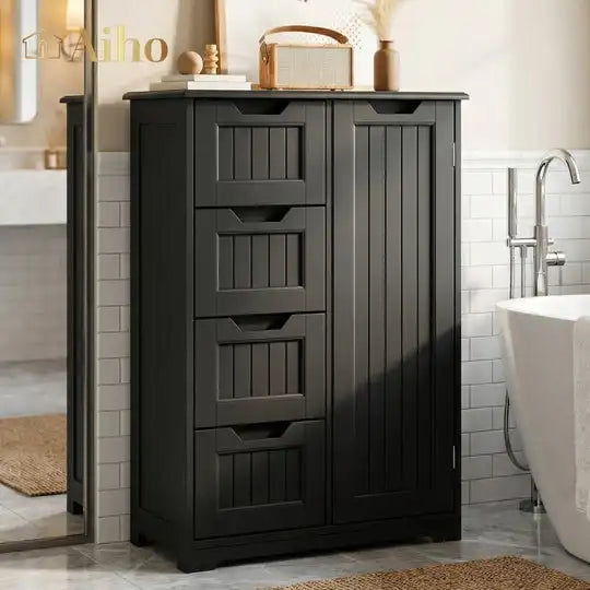33.5"H Wooden Bathroom Storage Cabinet 4 Drawers with Cupboard and Adjustable Dividers White