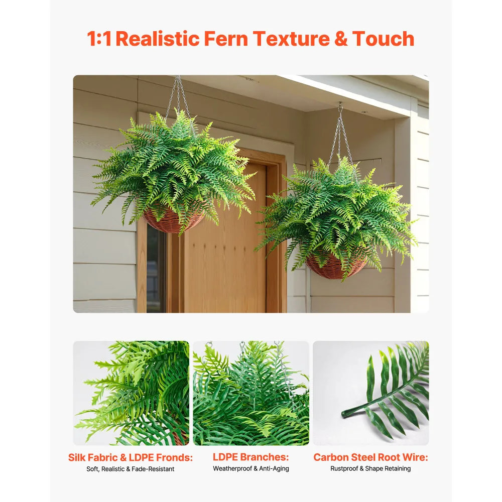 Artificial Ferns, 2 Pcs Fake Hanging Boston Fern Bush Plant with 23 Inch Hanging Length, Plastic Faux Greenery for Indoor and Outdoor Decor, For Wall, Wedding Party, Home, Porch Garden, Office