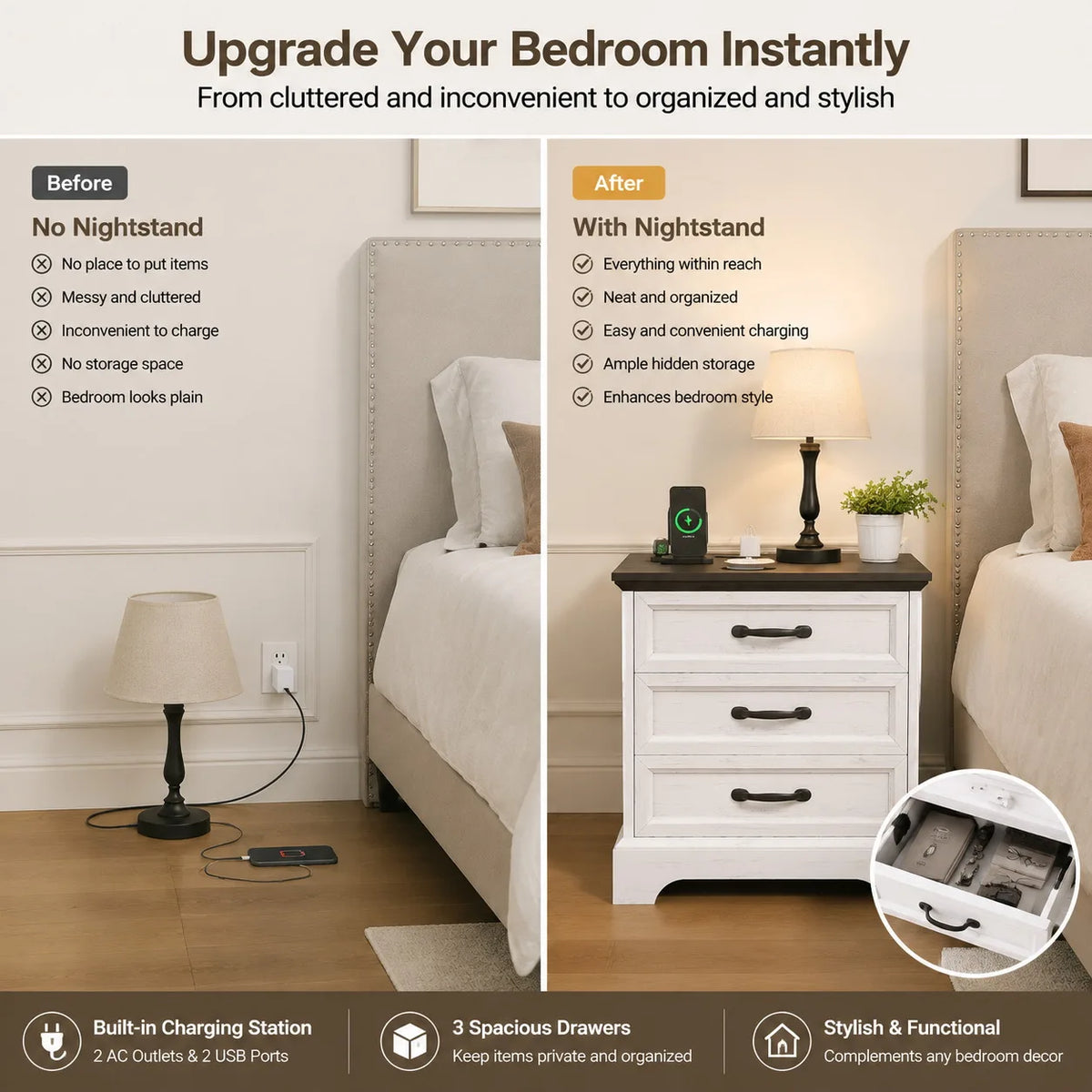 3 Drawer Farmhouse Bedside Cabinet with Charging Station, Storage Nightstand with USB Ports and Power Outlets for Bedroom Home