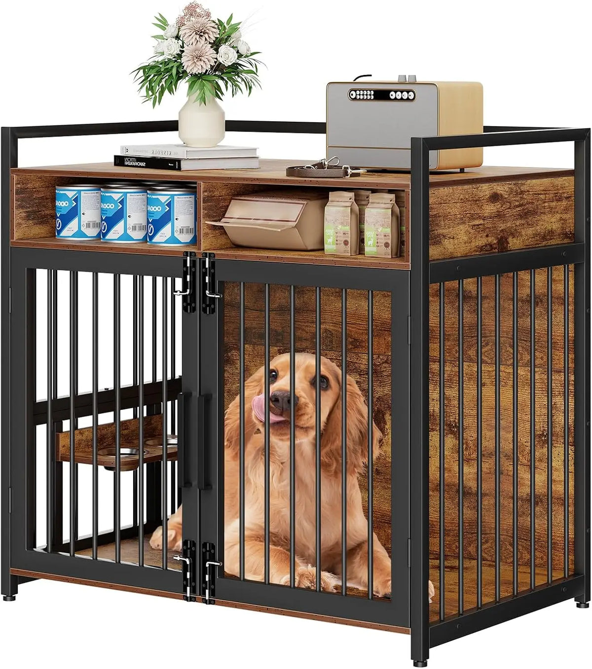 Garvee Dog Crate Furniture With Storage Shelves And Double Doors