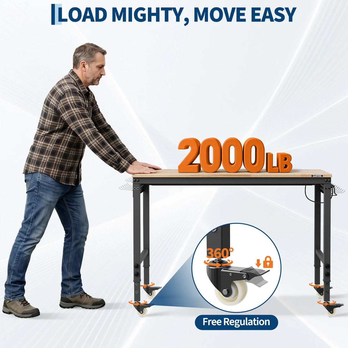 Adjustable Height Workbench 48x24 Inch Professional-Grade Adjustable Workbench for Garage, Shop, and Home 6 Levels Solid Rubberwood Top