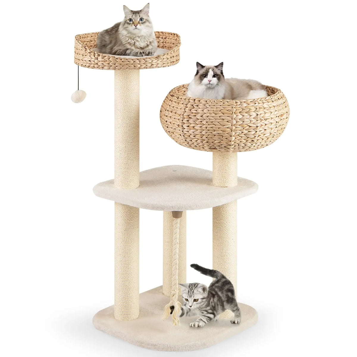 41inch Modern Cat Tree, Tall Cat Tower with Natural Sisal Scratching Post, Hand-Made Wicker Cat Condo & Top Perch, Funny Hanging Toy Ball, Cute Cat Tree Tower for Indoor Cats