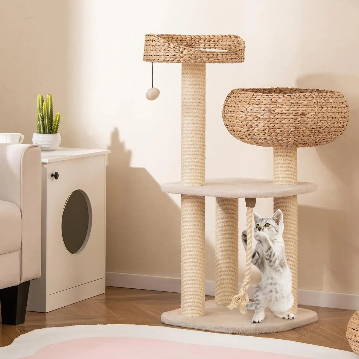 41inch Modern Cat Tree, Tall Cat Tower with Natural Sisal Scratching Post, Hand-Made Wicker Cat Condo & Top Perch, Funny Hanging Toy Ball, Cute Cat Tree Tower for Indoor Cats