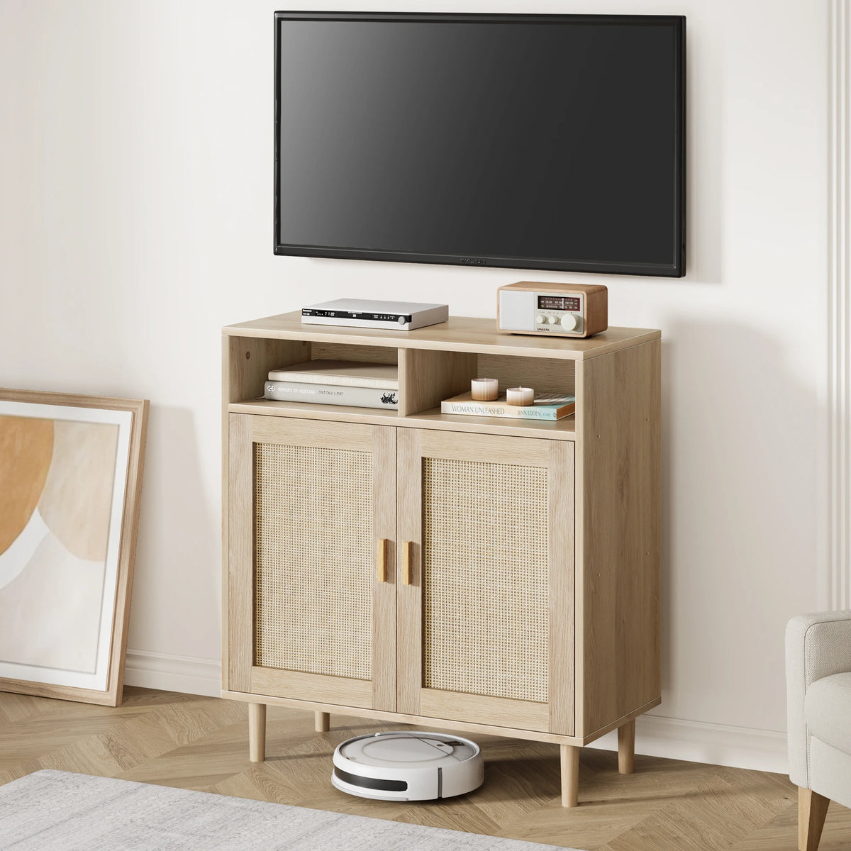 HiMISS Rattan Sideboard Cabinet With Shelves For Living Room Storage