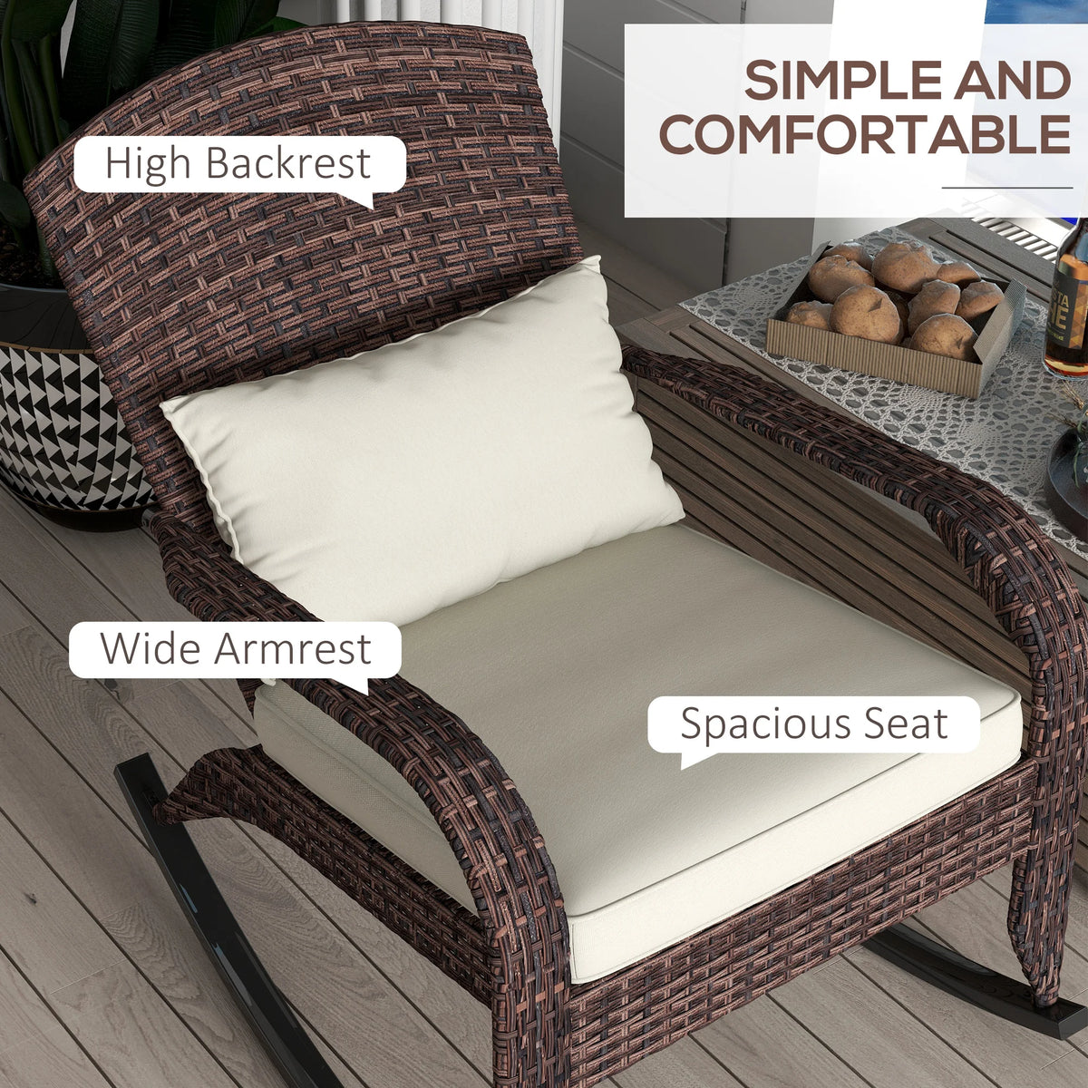 Outsunny Outdoor Wicker Adirondack Rocking Chair with Cushion Cream White
