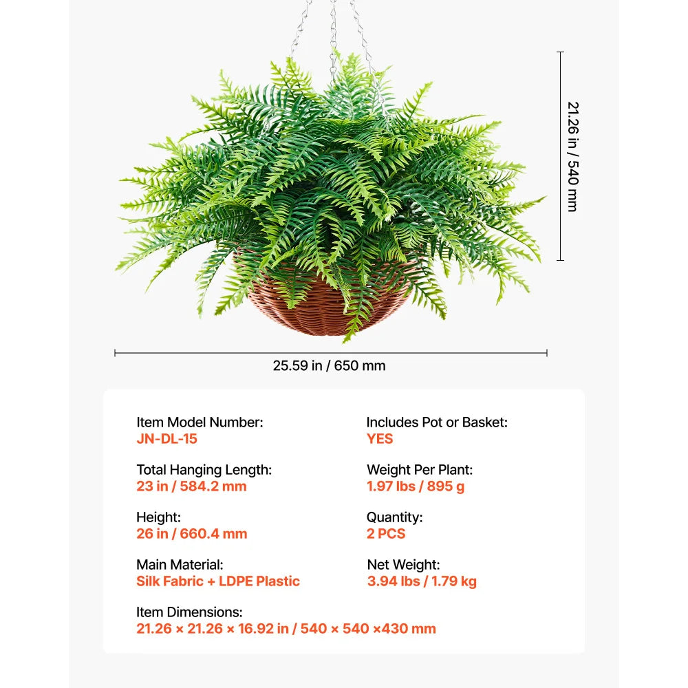 Artificial Ferns, 2 Pcs Fake Hanging Boston Fern Bush Plant with 23 Inch Hanging Length, Plastic Faux Greenery for Indoor and Outdoor Decor, For Wall, Wedding Party, Home, Porch Garden, Office