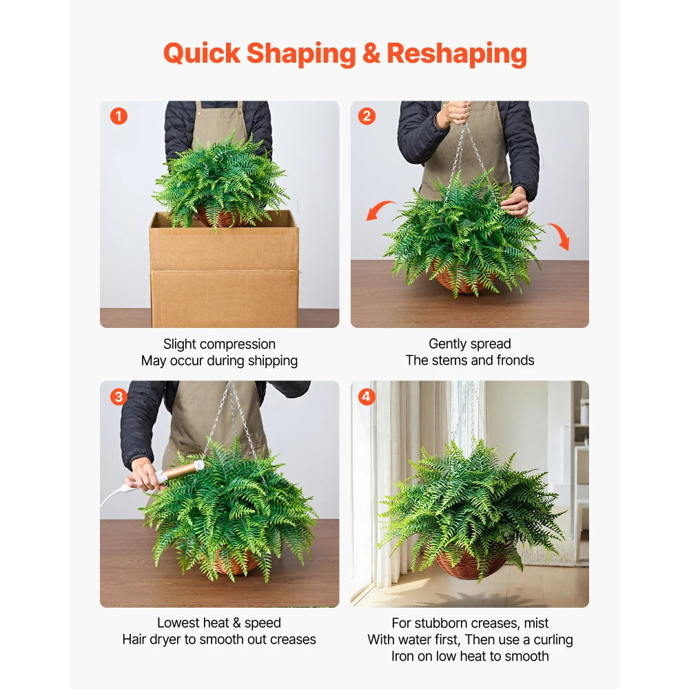 Artificial Ferns, 2 Pcs Fake Hanging Boston Fern Bush Plant with 23 Inch Hanging Length, Plastic Faux Greenery for Indoor and Outdoor Decor, For Wall, Wedding Party, Home, Porch Garden, Office