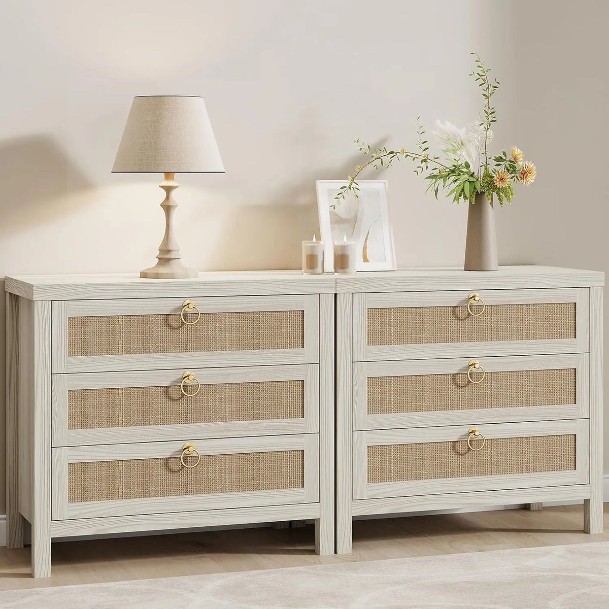 Large White Rattan Nightstands Set of 2, Boho Style with Drawers & Storage Shelf Bedroom Bedside End Table, Custom