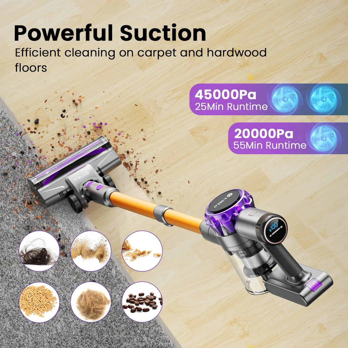 INSE S3P Cordless Vacuum Cleaner 45Kpa Powerful Handheld Stick Vacuum with LED Display 55-Min Running Self-Standing for Carpet H
