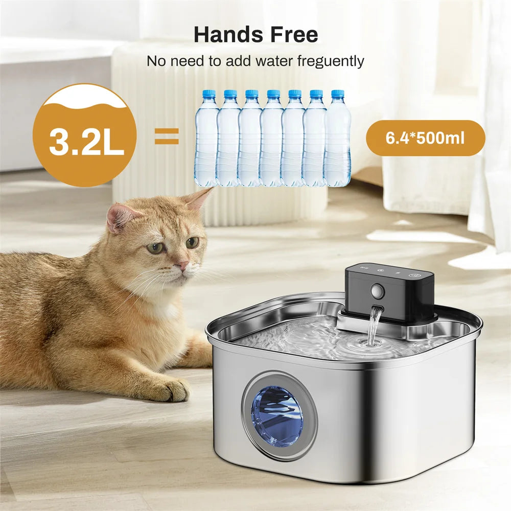 Wireless Stainless Steel Pet Water Fountain, 3.2L Automatic Cat Water Feeder with Motion Sensor, Dog Water Bowl(No 5V 1A Plug)