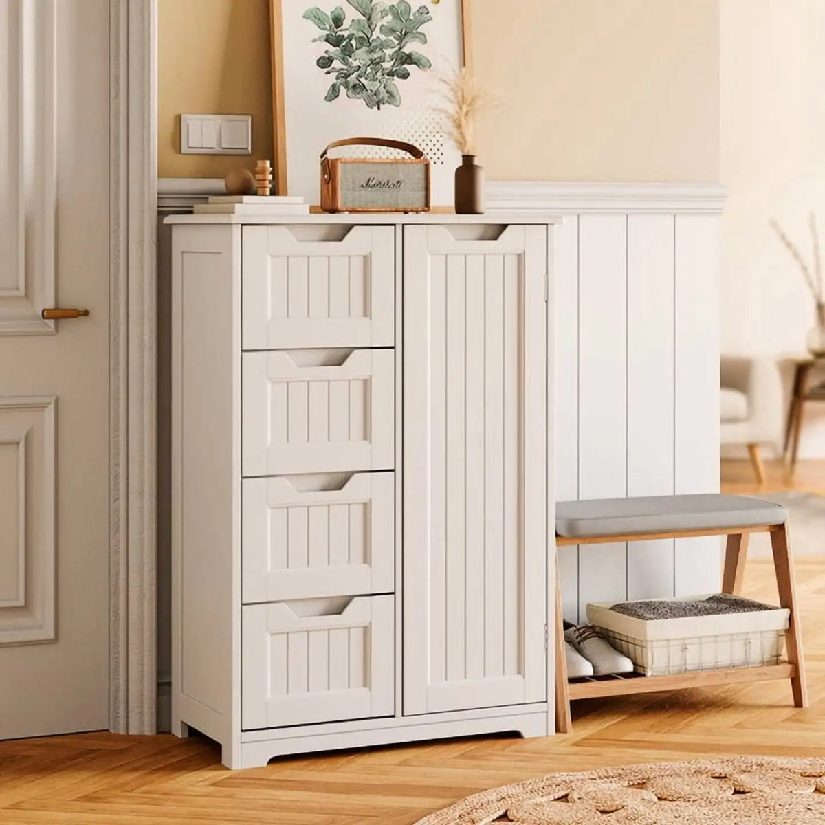 33.5"H Wooden Bathroom Storage Cabinet 4 Drawers with Cupboard and Adjustable Dividers White