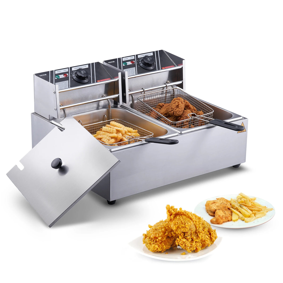 SucceBuy Electric Deep Fryer w/Dual Removable Tanks 12L 5000W Commercial Countertop Fryer for Chicken French Fries